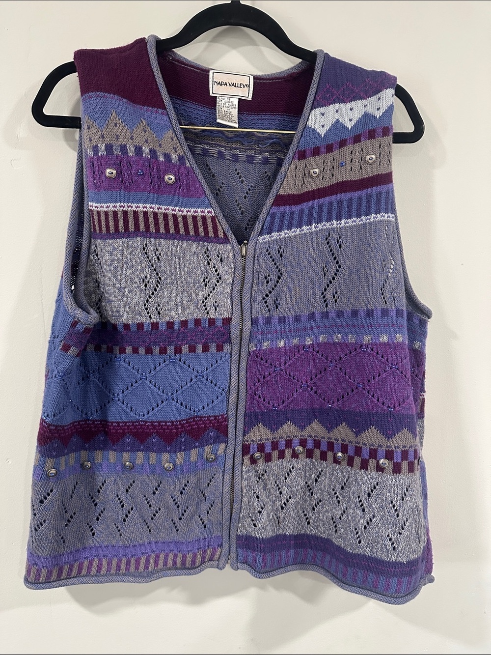 Napa Valley Women's Purple Patterned Zip Vest Sweater Ramie/cotton blend - Picture 1 of 9